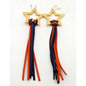 Shooting Star Leather Fringe Fashion Earrings Gold Tone Red Blue Orange 5.5" NEW